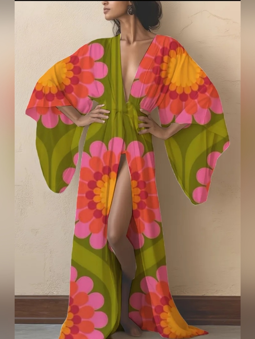 Retro Floral Caftan in Olive Green & Pink